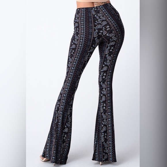 Tik Tok Famous Black Blue Tribal Print Bell Bottom Flare Stretch Pants - Picture 11 of 14